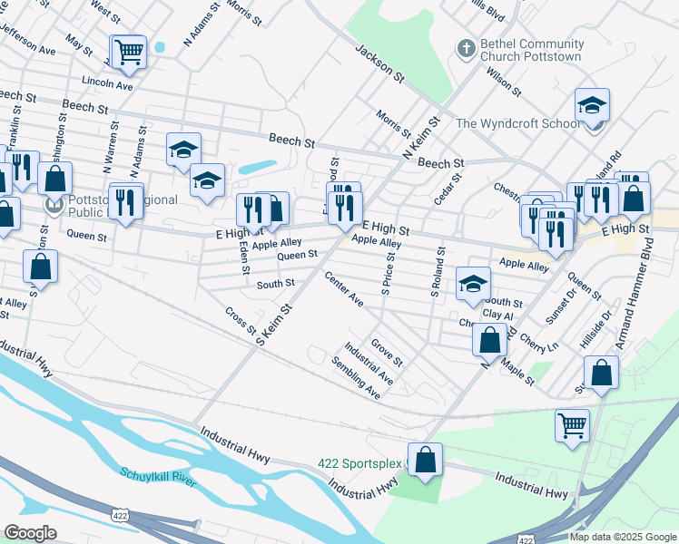 map of restaurants, bars, coffee shops, grocery stores, and more near 1025 South Street in Pottstown