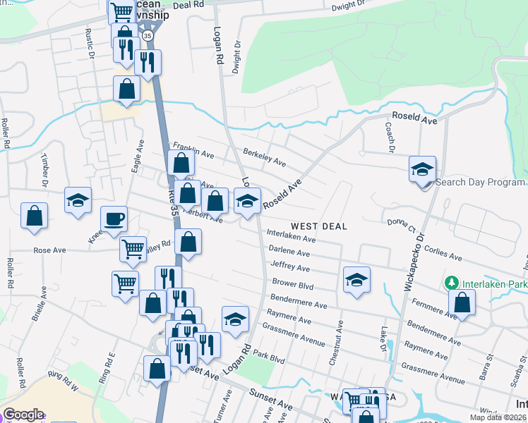 map of restaurants, bars, coffee shops, grocery stores, and more near 2202 Logan Road in Wanamassa