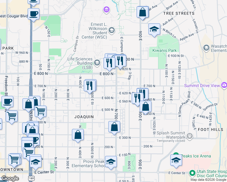 map of restaurants, bars, coffee shops, grocery stores, and more near 659 North 700 East in Provo