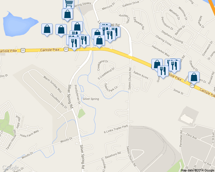map of restaurants, bars, coffee shops, grocery stores, and more near 6406 Salem Park Circle in Mechanicsburg