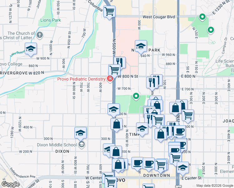 map of restaurants, bars, coffee shops, grocery stores, and more near 619 North 500 West Street in Provo