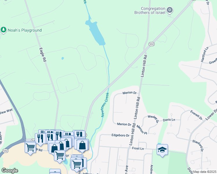 map of restaurants, bars, coffee shops, grocery stores, and more near 398 Washington Crossing Road in Newtown