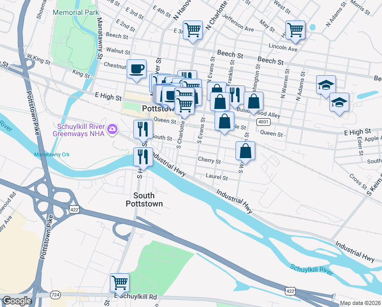 map of restaurants, bars, coffee shops, grocery stores, and more near 344 Cherry Street in Pottstown
