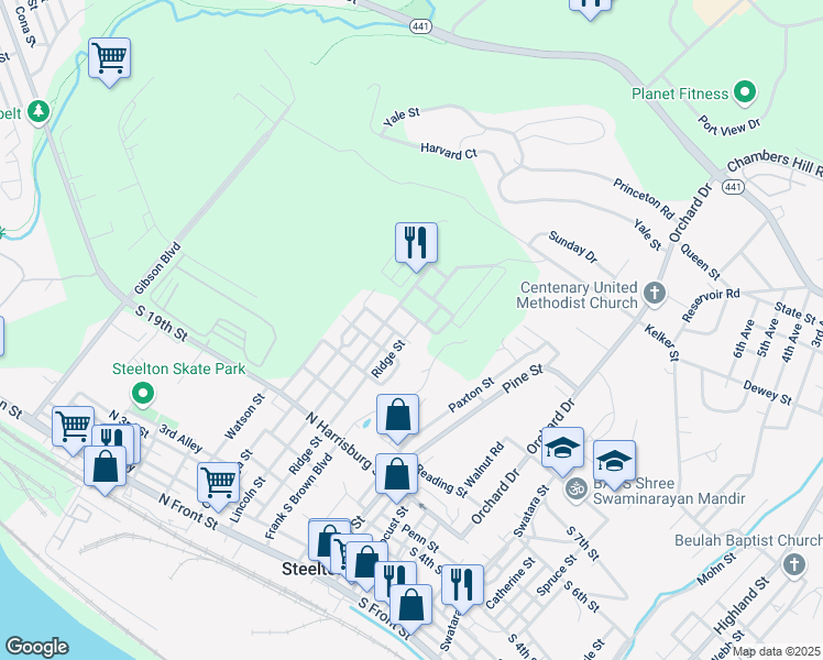 map of restaurants, bars, coffee shops, grocery stores, and more near 700 Ridge Street in Harrisburg