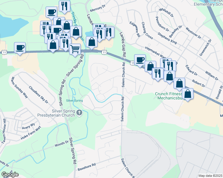 map of restaurants, bars, coffee shops, grocery stores, and more near 7042 Salem Park Circle in Cumberland County