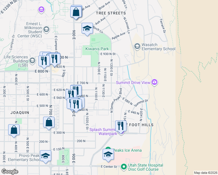 map of restaurants, bars, coffee shops, grocery stores, and more near 609 North Seven Peaks Boulevard in Provo