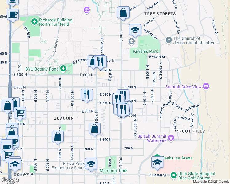 map of restaurants, bars, coffee shops, grocery stores, and more near 595 900 East in Provo