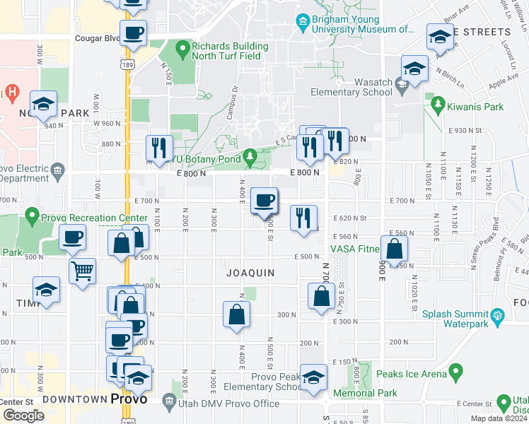 map of restaurants, bars, coffee shops, grocery stores, and more near 429 East 600 North in Provo