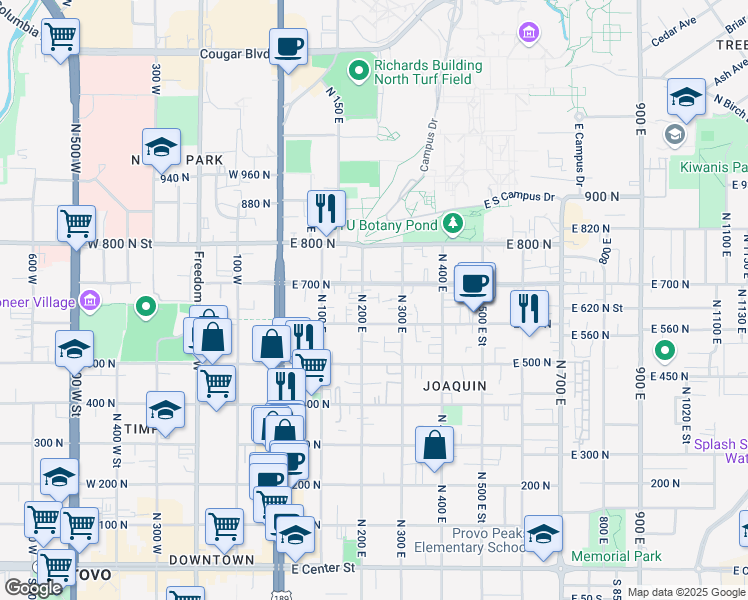 map of restaurants, bars, coffee shops, grocery stores, and more near 265 East 600 North in Provo