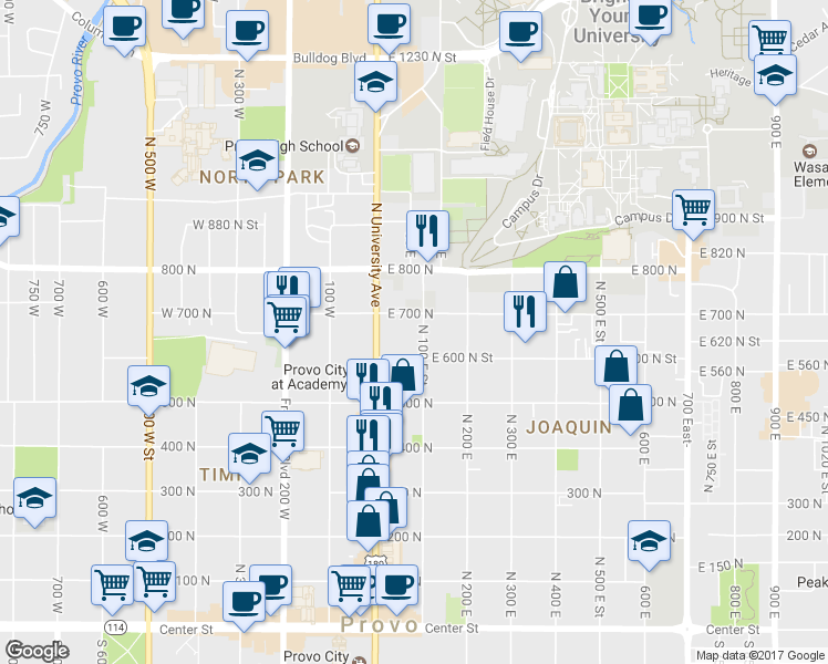 map of restaurants, bars, coffee shops, grocery stores, and more near 617 North 100 East in Provo