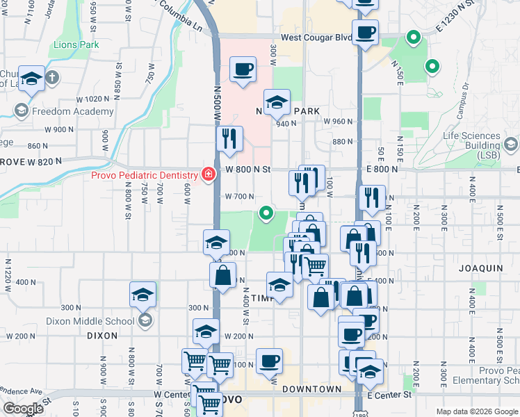 map of restaurants, bars, coffee shops, grocery stores, and more near 320 500 North in Provo