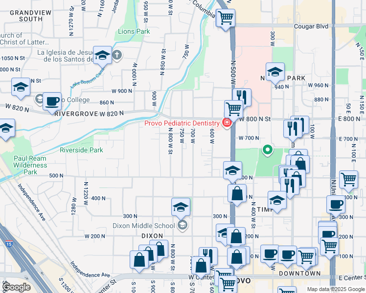 map of restaurants, bars, coffee shops, grocery stores, and more near 615n 750 West in Provo
