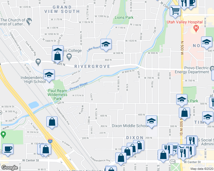 map of restaurants, bars, coffee shops, grocery stores, and more near 613 1100 West in Provo