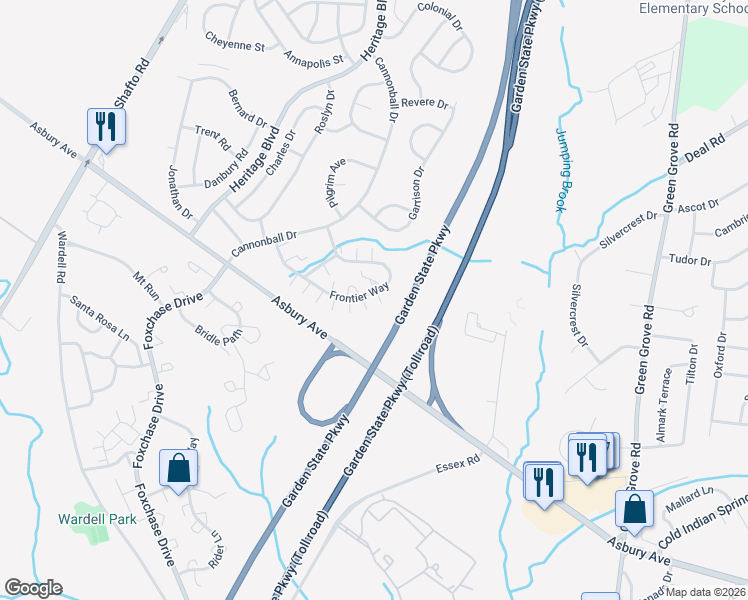 map of restaurants, bars, coffee shops, grocery stores, and more near 68 Frontier Way in Tinton Falls