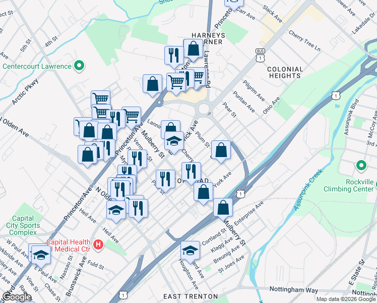 map of restaurants, bars, coffee shops, grocery stores, and more near 1102 Indiana Avenue in Trenton