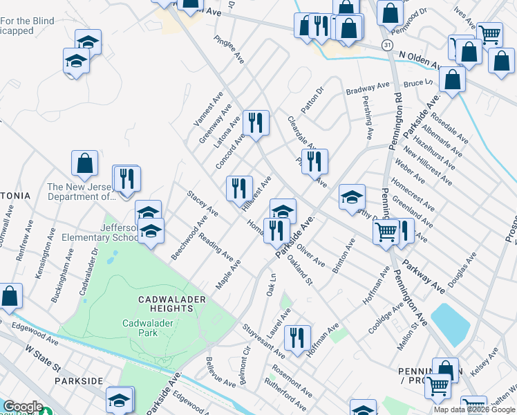 map of restaurants, bars, coffee shops, grocery stores, and more near in Trenton