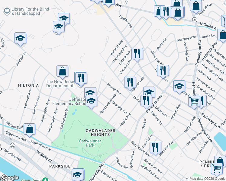 map of restaurants, bars, coffee shops, grocery stores, and more near 230 Beechwood Avenue in Trenton