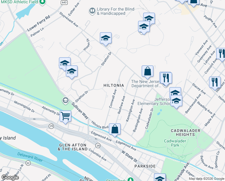 map of restaurants, bars, coffee shops, grocery stores, and more near 120 Cornwall Avenue in Trenton