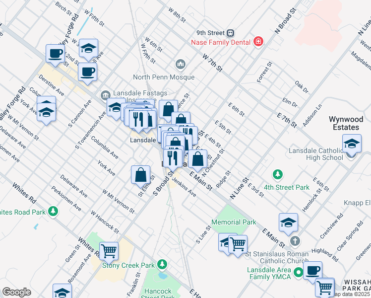 map of restaurants, bars, coffee shops, grocery stores, and more near in Lansdale
