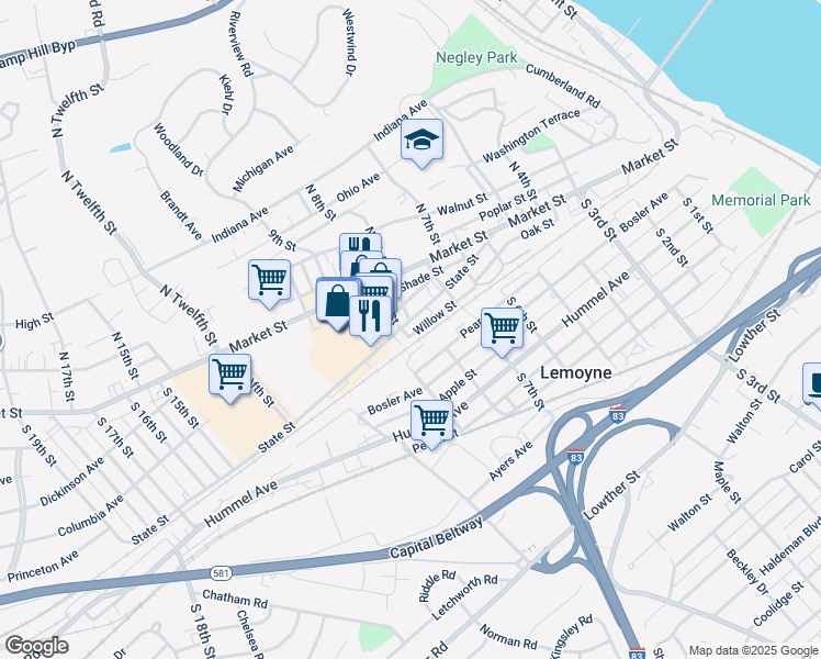 map of restaurants, bars, coffee shops, grocery stores, and more near 840 State Street in Lemoyne