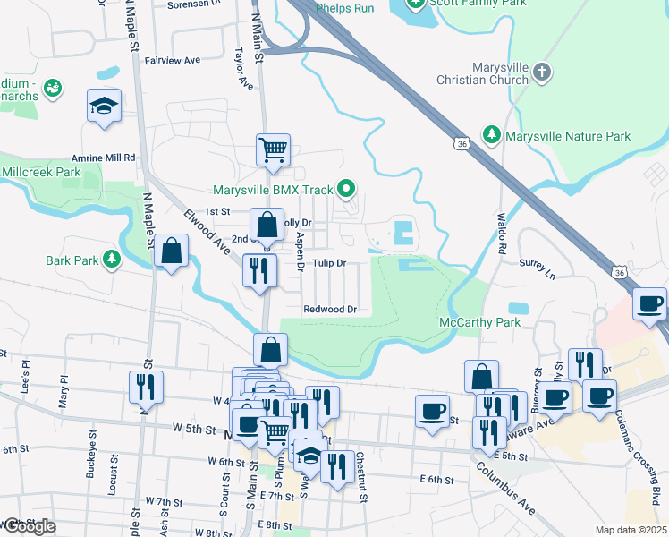 map of restaurants, bars, coffee shops, grocery stores, and more near 264 Dogwood Drive in Marysville