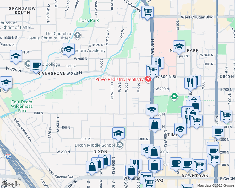 map of restaurants, bars, coffee shops, grocery stores, and more near 657 750 West in Provo