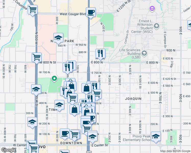 map of restaurants, bars, coffee shops, grocery stores, and more near 617 North 100 East in Provo