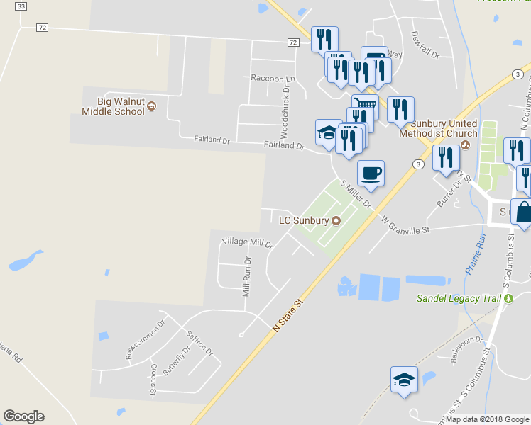map of restaurants, bars, coffee shops, grocery stores, and more near 653 Mill Stone Court in Sunbury