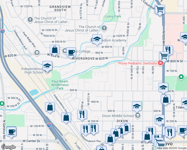 map of restaurants, bars, coffee shops, grocery stores, and more near 631 North 1150 West Street in Provo