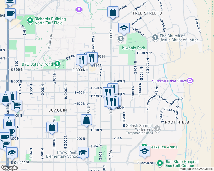 map of restaurants, bars, coffee shops, grocery stores, and more near 595 900 East in Provo