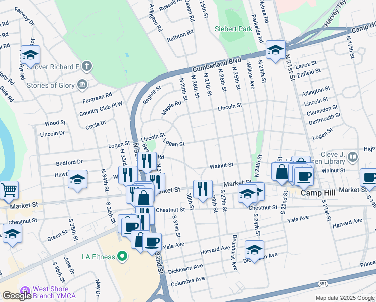 map of restaurants, bars, coffee shops, grocery stores, and more near 125 North 30th Street in Camp Hill