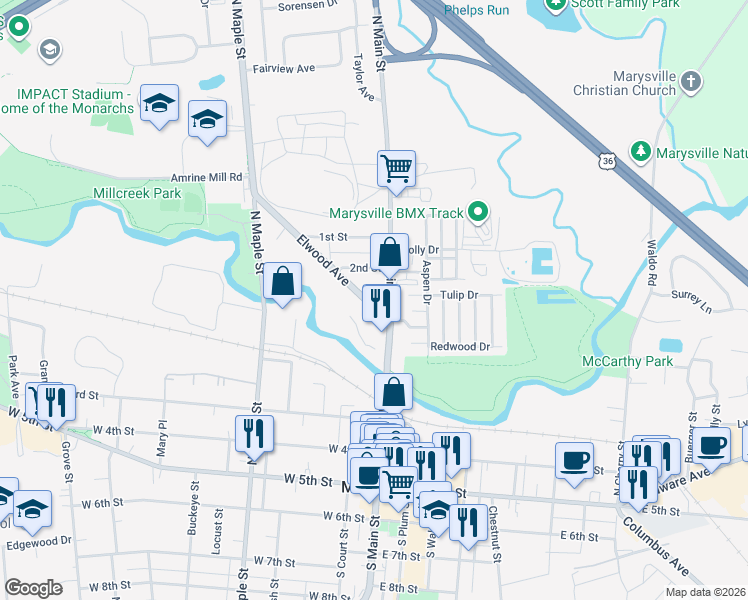 map of restaurants, bars, coffee shops, grocery stores, and more near 115 Elwood Avenue in Marysville