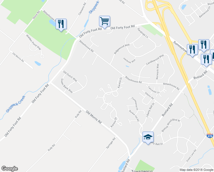 map of restaurants, bars, coffee shops, grocery stores, and more near 458 Churchill Court in Harleysville