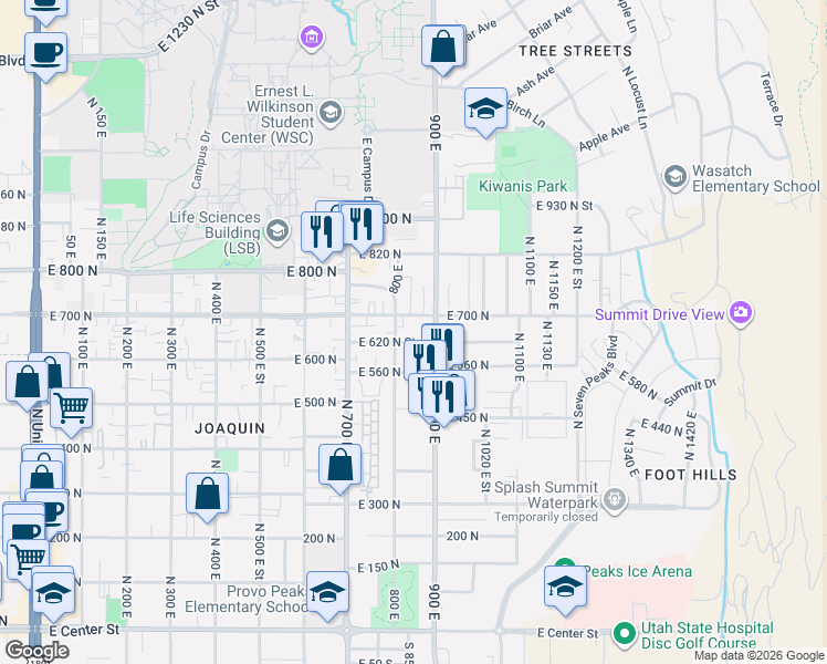 map of restaurants, bars, coffee shops, grocery stores, and more near 595 900 East in Provo