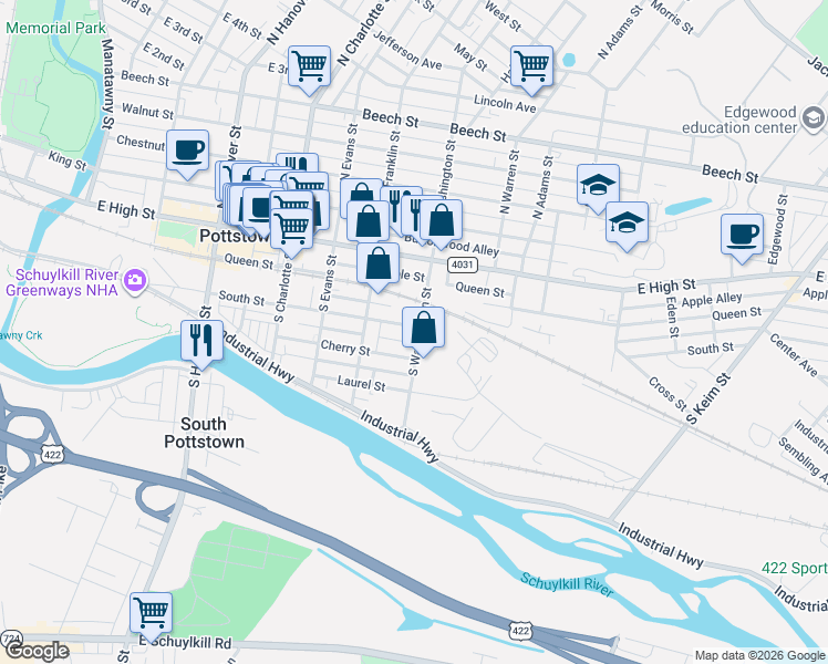 map of restaurants, bars, coffee shops, grocery stores, and more near 437 Cherry Street in Pottstown