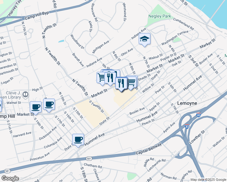 map of restaurants, bars, coffee shops, grocery stores, and more near 1004 Market Street in Camp Hill
