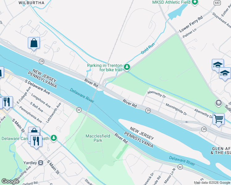 map of restaurants, bars, coffee shops, grocery stores, and more near 714 River Road in Ewing Township