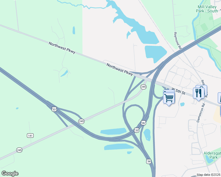map of restaurants, bars, coffee shops, grocery stores, and more near 18940 Ohio 245 in Marysville