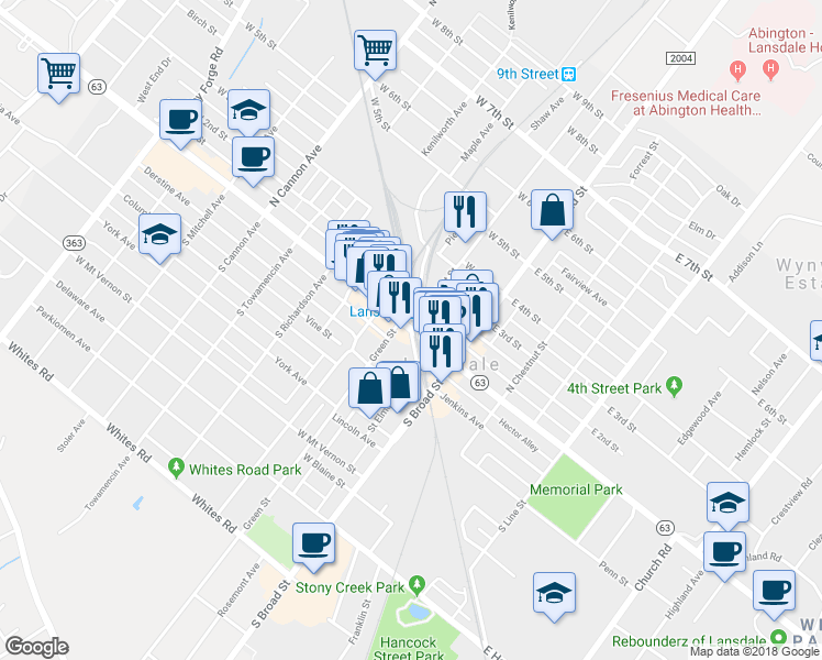 map of restaurants, bars, coffee shops, grocery stores, and more near 101 W Main St in Lansdale