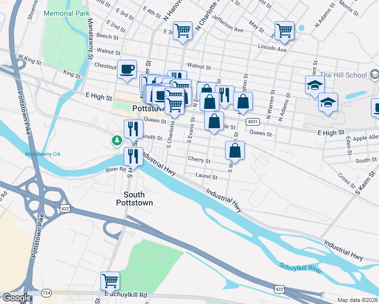 map of restaurants, bars, coffee shops, grocery stores, and more near 124 South Evans Street in Pottstown