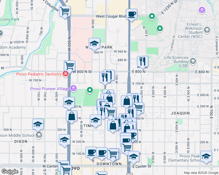 map of restaurants, bars, coffee shops, grocery stores, and more near 660 Freedom Boulevard 200 West in Provo