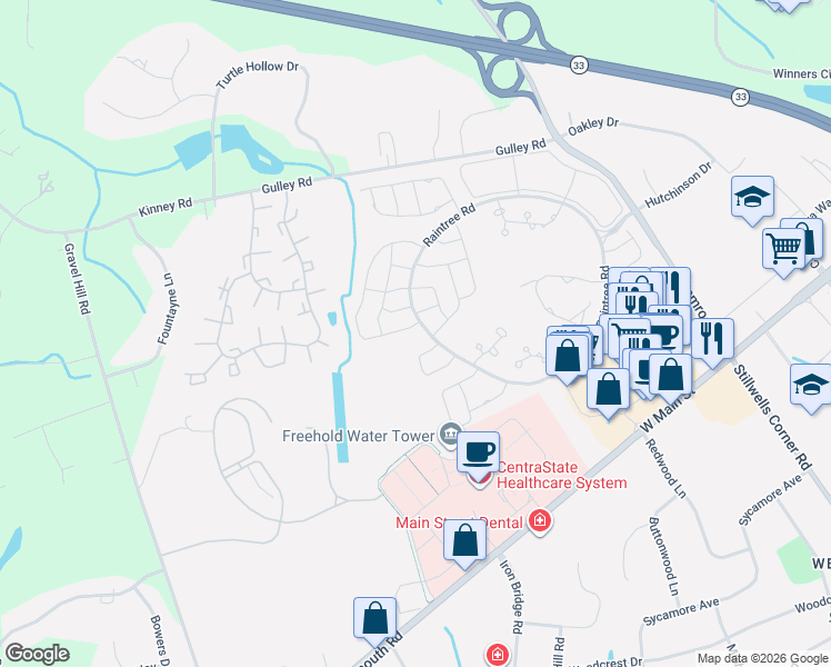 map of restaurants, bars, coffee shops, grocery stores, and more near 156 Cherry Tree Court in Freehold