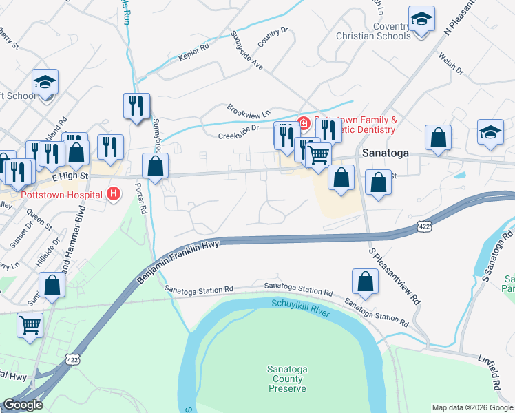 map of restaurants, bars, coffee shops, grocery stores, and more near 526 Maple Glen Circle in Pottstown