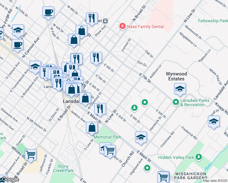 map of restaurants, bars, coffee shops, grocery stores, and more near 130 East 5th Street in Lansdale