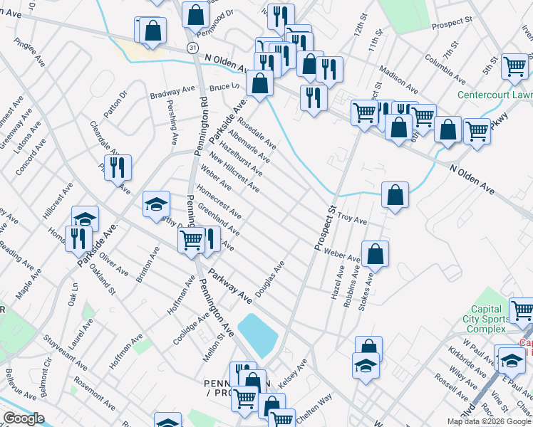 map of restaurants, bars, coffee shops, grocery stores, and more near 164 Homecrest Avenue in Trenton