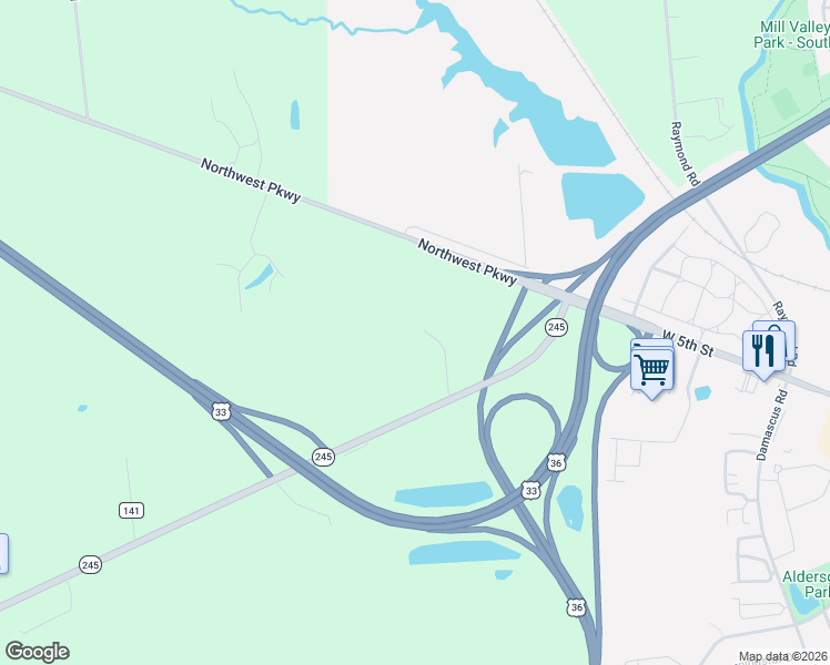 map of restaurants, bars, coffee shops, grocery stores, and more near 18940 Ohio 245 in Marysville