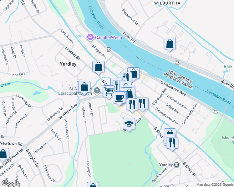 map of restaurants, bars, coffee shops, grocery stores, and more near 1 North Main Street in Yardley