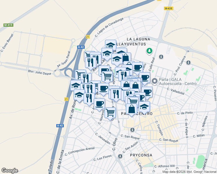map of restaurants, bars, coffee shops, grocery stores, and more near in Madrid