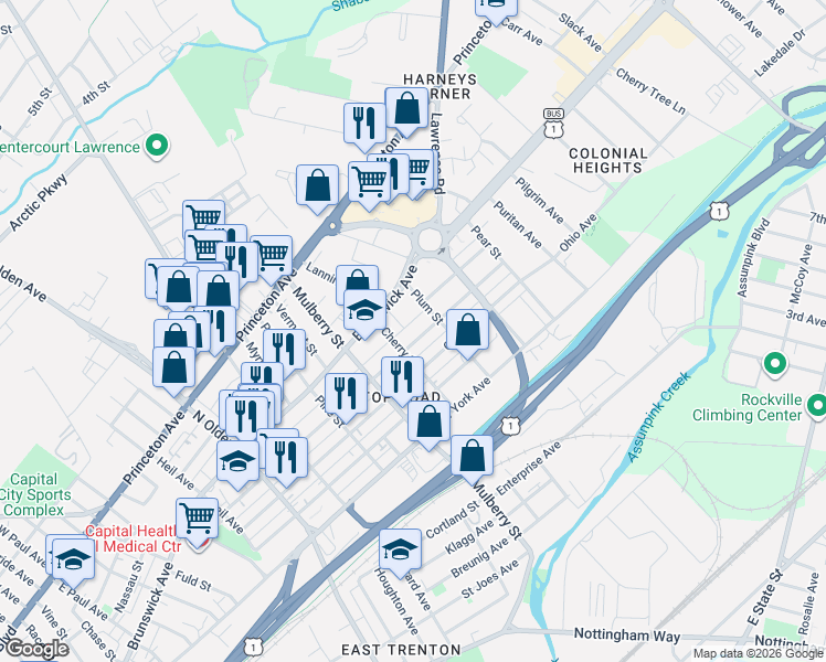 map of restaurants, bars, coffee shops, grocery stores, and more near 1102 Indiana Avenue in Trenton