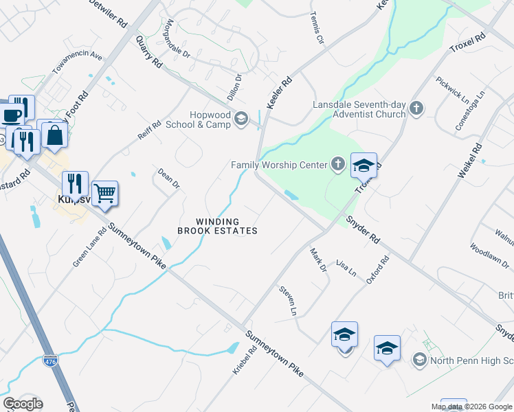 map of restaurants, bars, coffee shops, grocery stores, and more near 1337 Michael Way in Lansdale